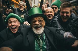 AI generated four elderly saint patrick's day citizens celebrating party with beer on a city street photo