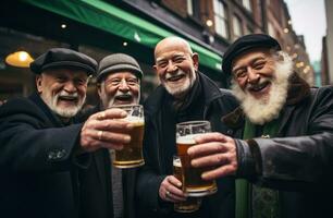 AI generated four elderly saint patricks day citizens celebrating party with beer on a city street photo