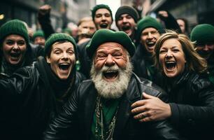 AI generated four elderly saint patrick's day citizens celebrating party with beer on a city street photo