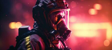 AI generated firefighter in gloves and vests in the dark photo