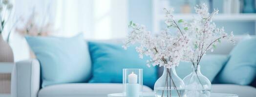 AI generated clean and bright living room with blue furniture and blue pillows photo