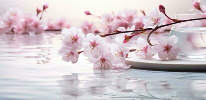 AI generated cherry blossoms blooming on a white table with a vase of water photo