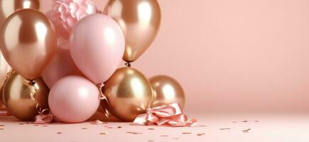 AI generated cute pink champagne balloons with golden rings on a pink background photo