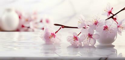 ai generado Cereza flores floreciente en un blanco mesa con un florero de agua foto