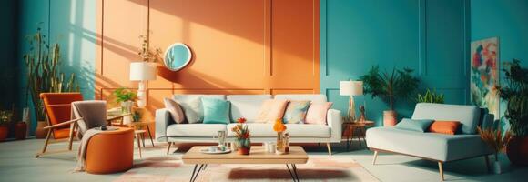 AI generated bright living room interior with colorful walls and remodeled interior photo