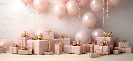 ai generado cumpleaños antecedentes con globos y regalos con oro texto foto