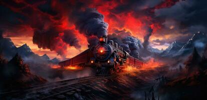 AI generated an old red steam train is coming down the tracks photo