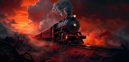 AI generated an old red steam train is coming down the tracks photo