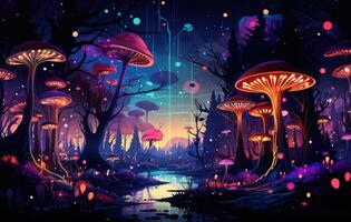 AI generated beautiful blue colorful mushrooms in the woods photo