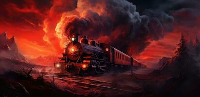 AI generated an old red steam train is coming down the tracks photo
