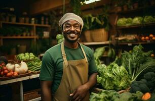 ai generado atractivo granja trabajador sonriente en frente de vegetales en mercado puesto foto