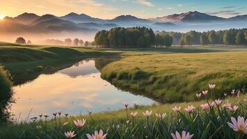 AI generated beautiful natural scenery. sunrise on meadow with lake photo