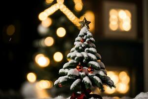 ai generado Navidad antecedentes. Navidad árbol con decoraciones y adornos a noche foto