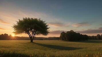 AI generated beautiful natural scenery. sunrise on meadow photo