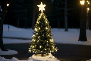 ai generado Navidad antecedentes. Navidad árbol con centelleo luces a noche foto