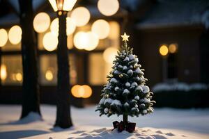 AI generated Christmas background. Christmas tree covered with snow at night photo