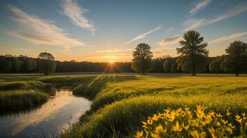 AI generated beautiful natural scenery. sunrise on meadow with lake photo