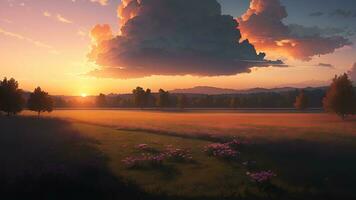 AI generated beautiful natural scenery. sunrise on meadow photo