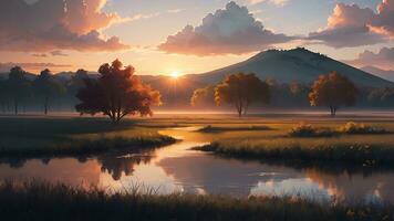 AI generated beautiful natural scenery. sunrise on meadow with lake photo