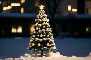 ai generado Navidad antecedentes. Navidad árbol con decoraciones y adornos a noche foto