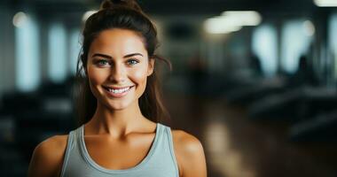 AI generated a woman is standing in the gym and she is looking forward to training photo
