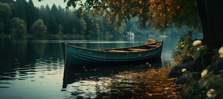 ai generado un de madera barco es atracado siguiente a un lago con verde hojas foto