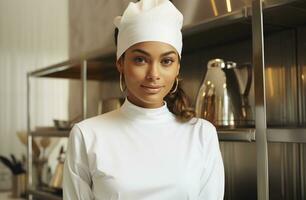 AI generated beautiful black chef in white in the open kitchen photo