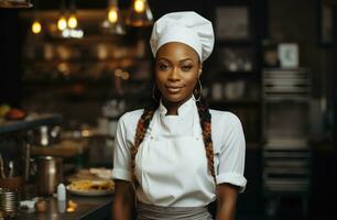 AI generated beautiful black chef in white in the open kitchen photo