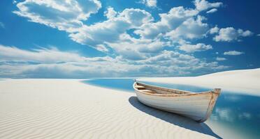 AI generated a wooden boat sits in the water near white sands photo