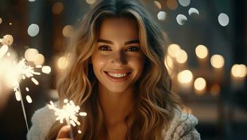 AI generated a young woman is holding a sparkler and smiling photo