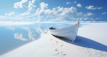 ai generado un de madera barco se sienta en el agua cerca blanco playa foto