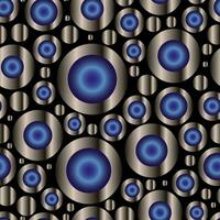 Abstract seamless pattern with blue balls on metal discs. Vector background. Big and small spherical balls futuristic print