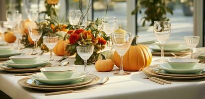 ai generado un mesa conjunto con otoño decoraciones y calabazas foto