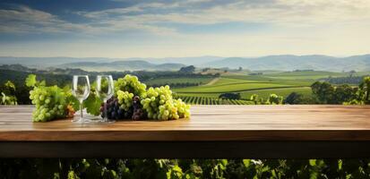 AI generated a table with wine and grapes sitting in front of vineyard photo