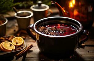 AI generated an old fashioned mulled wine in pot on a table with cinnamon sticks photo