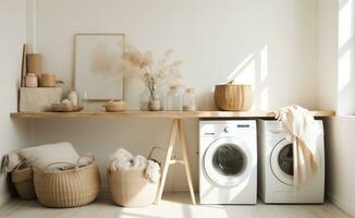 AI generated a white washer in a room with baskets on it photo