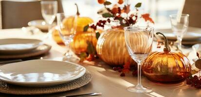 ai generado un mesa conjunto con otoño decoraciones y calabazas foto