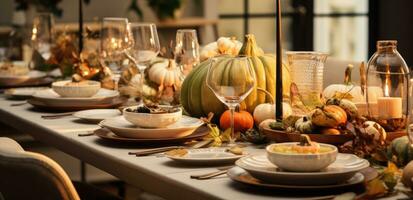 ai generado un acción de gracias mesa con algunos calabazas, velas y mesa ajustes foto