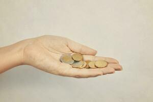 Hand with coins. Woman's hand with metal coins. Donations and alms. Concept of financial savings. photo