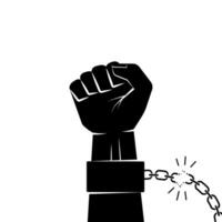 Hand in shackles broken chain. The concept of freedom and human rights. Vector graphic illustration black silhouette