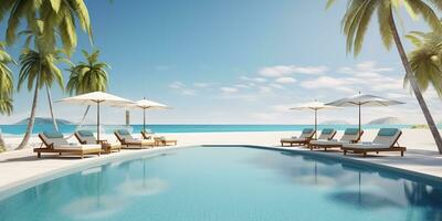 AI generated Luxurious beach resort with swimming pool and beach chairs or loungers umbrellas with palm trees and blue sky photo
