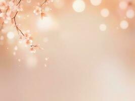 AI generated Cherry blossom or Sakura flower on blurred bokeh background in trendy Peach Fuzz color. Elegant backdrop for holiday banners, posters, cards photo