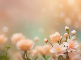 AI generated Beautiful spring flowers on blurred bokeh background in trendy Peach Fuzz color. Elegant backdrop for holiday banners, posters, cards photo