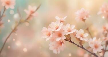 ai generado Cereza florecer o sakura flor en borroso bokeh antecedentes en de moda melocotón pelusa color. elegante fondo para fiesta pancartas, carteles, tarjetas foto