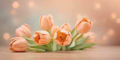 AI generated Bouquet of tulips on blurred bokeh background in trendy Peach Fuzz color. Elegant backdrop for holiday banners, posters, cards photo