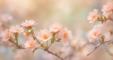 ai generado Cereza florecer o sakura flor en borroso bokeh antecedentes en de moda melocotón pelusa color. elegante fondo para fiesta pancartas, carteles, tarjetas foto