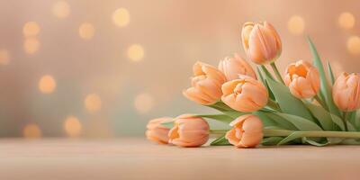 AI generated Bouquet of tulips on blurred bokeh background in trendy Peach Fuzz color. Elegant backdrop for holiday banners, posters, cards photo