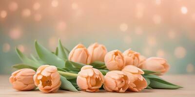 AI generated Bouquet of tulips on blurred bokeh background in trendy Peach Fuzz color. Elegant backdrop for holiday banners, posters, cards photo