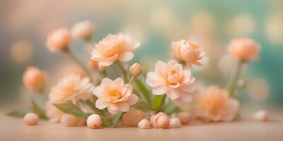 AI generated Beautiful spring flowers on blurred bokeh background in trendy Peach Fuzz color. Elegant backdrop for holiday banners, posters, cards photo