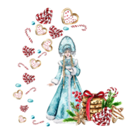 composition pour Noël avec neige jeune fille dans une bleu robe et biscuits. png